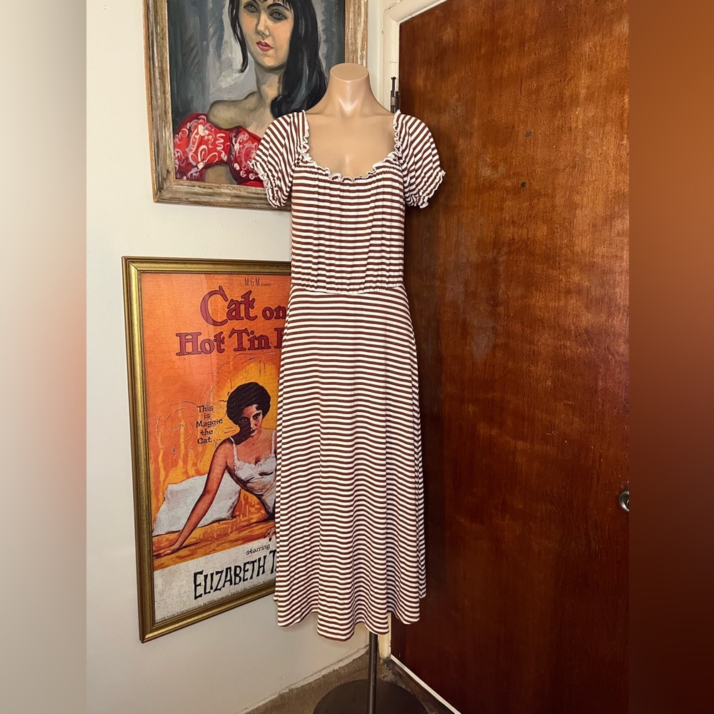 Compania Fantastica Brown White Stripe Elastic Waist Midi Dress M